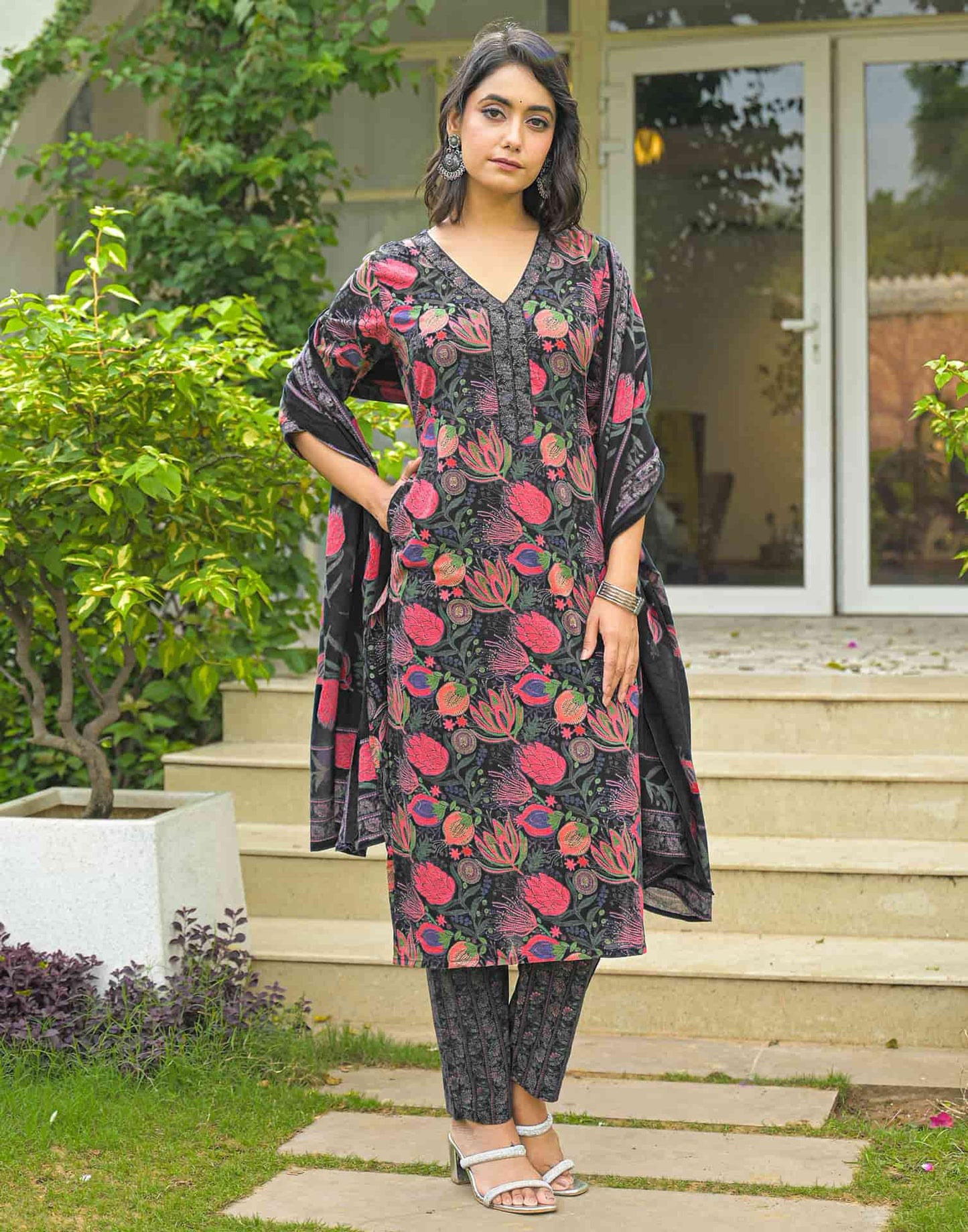 Cotton Straight Printed V-Neck Kurta with Pant & Dupatta