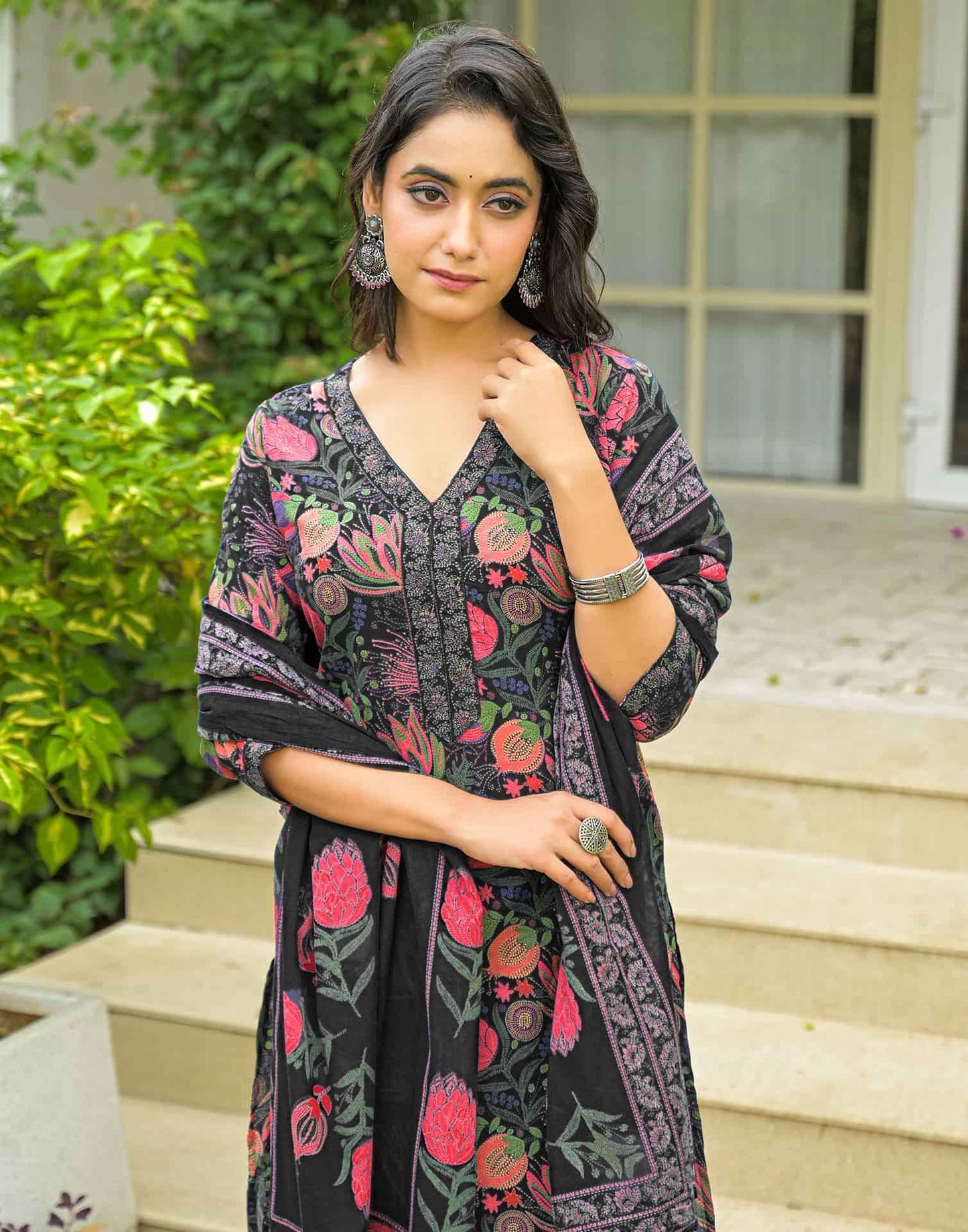 Cotton Straight Printed V-Neck Kurta with Pant & Dupatta