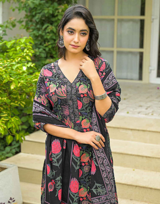 Cotton Straight Printed V-Neck Kurta with Pant & Dupatta