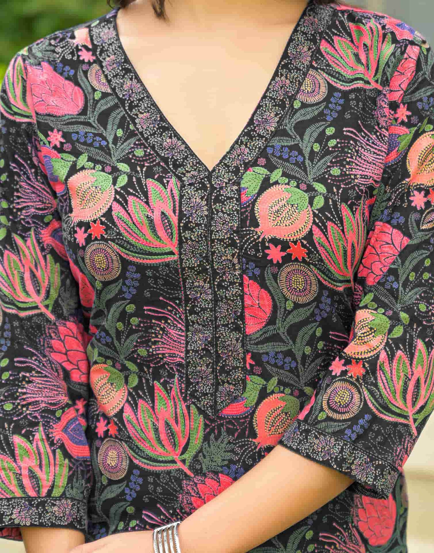 Cotton Straight Printed V-Neck Kurta with Pant & Dupatta