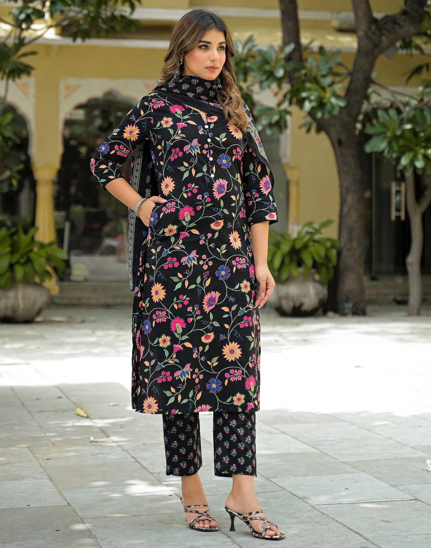 Cotton Straight Printed Round Neck Kurta with Pant & Dupatta