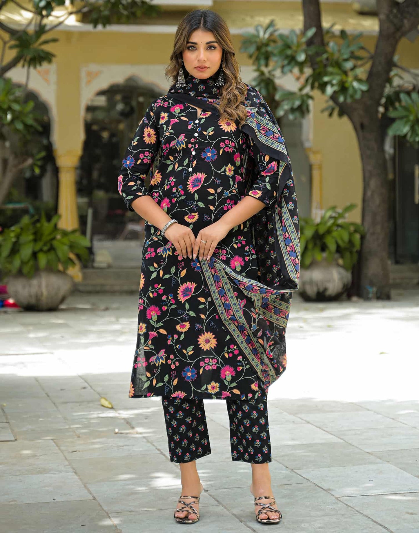 Cotton Straight Printed Round Neck Kurta with Pant & Dupatta