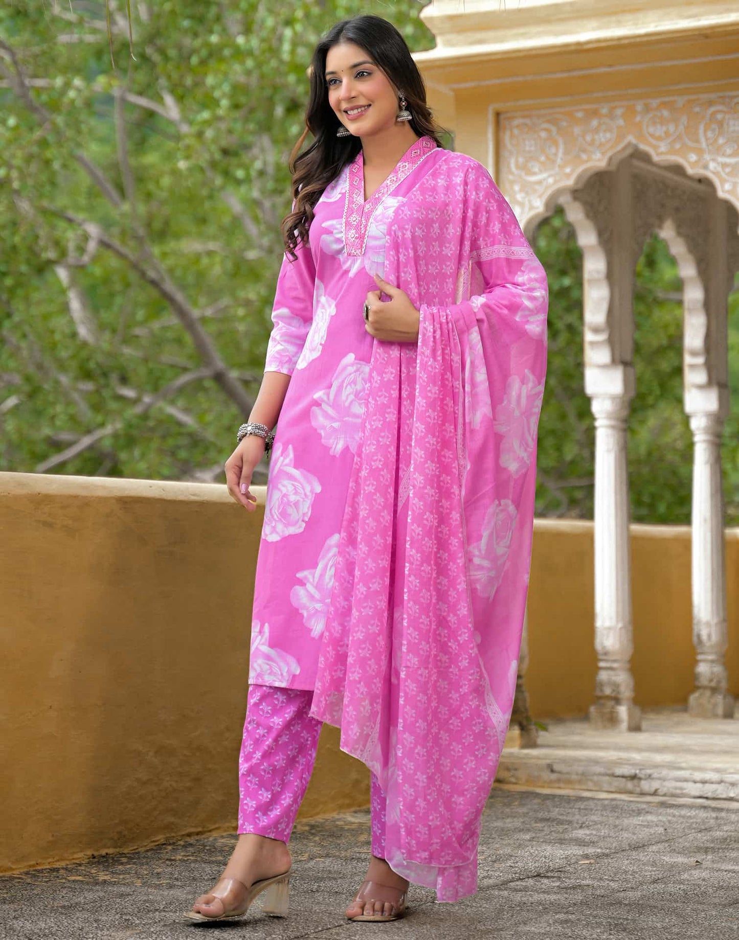 Cotton Straight Printed V-Neck Kurta with Pant & Dupatta