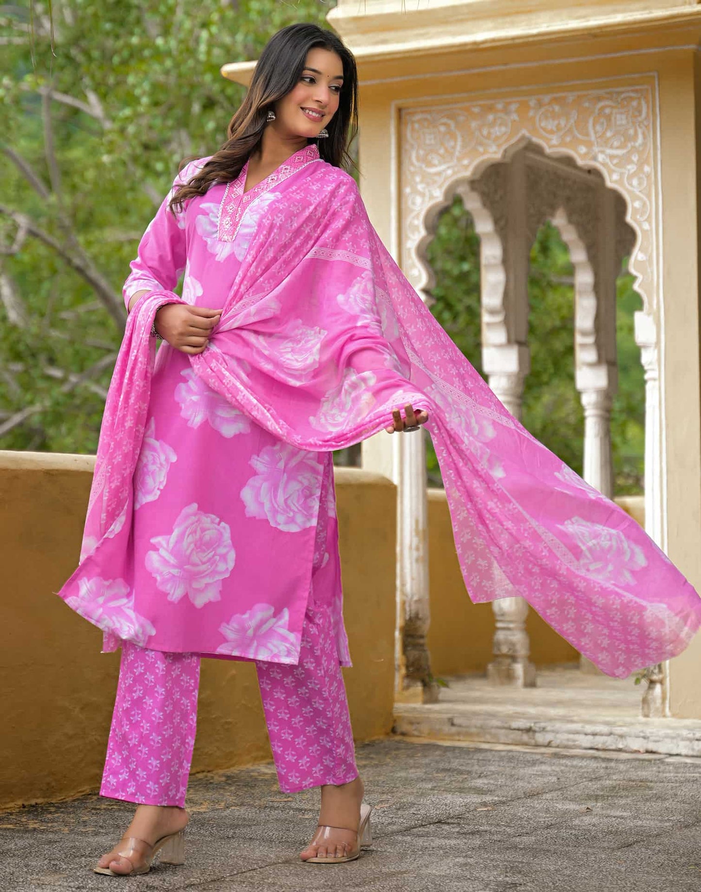 Cotton Straight Printed V-Neck Kurta with Pant & Dupatta