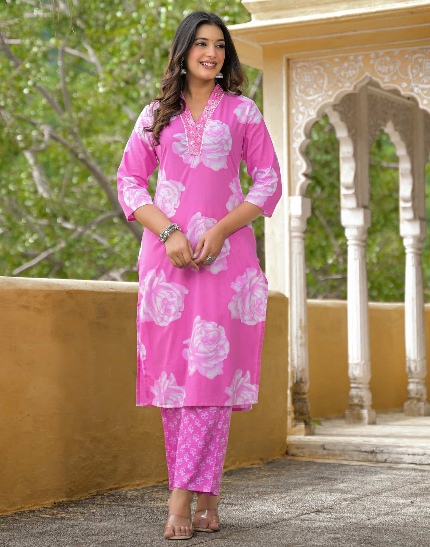 Cotton Straight Printed V-Neck Kurta with Pant & Dupatta