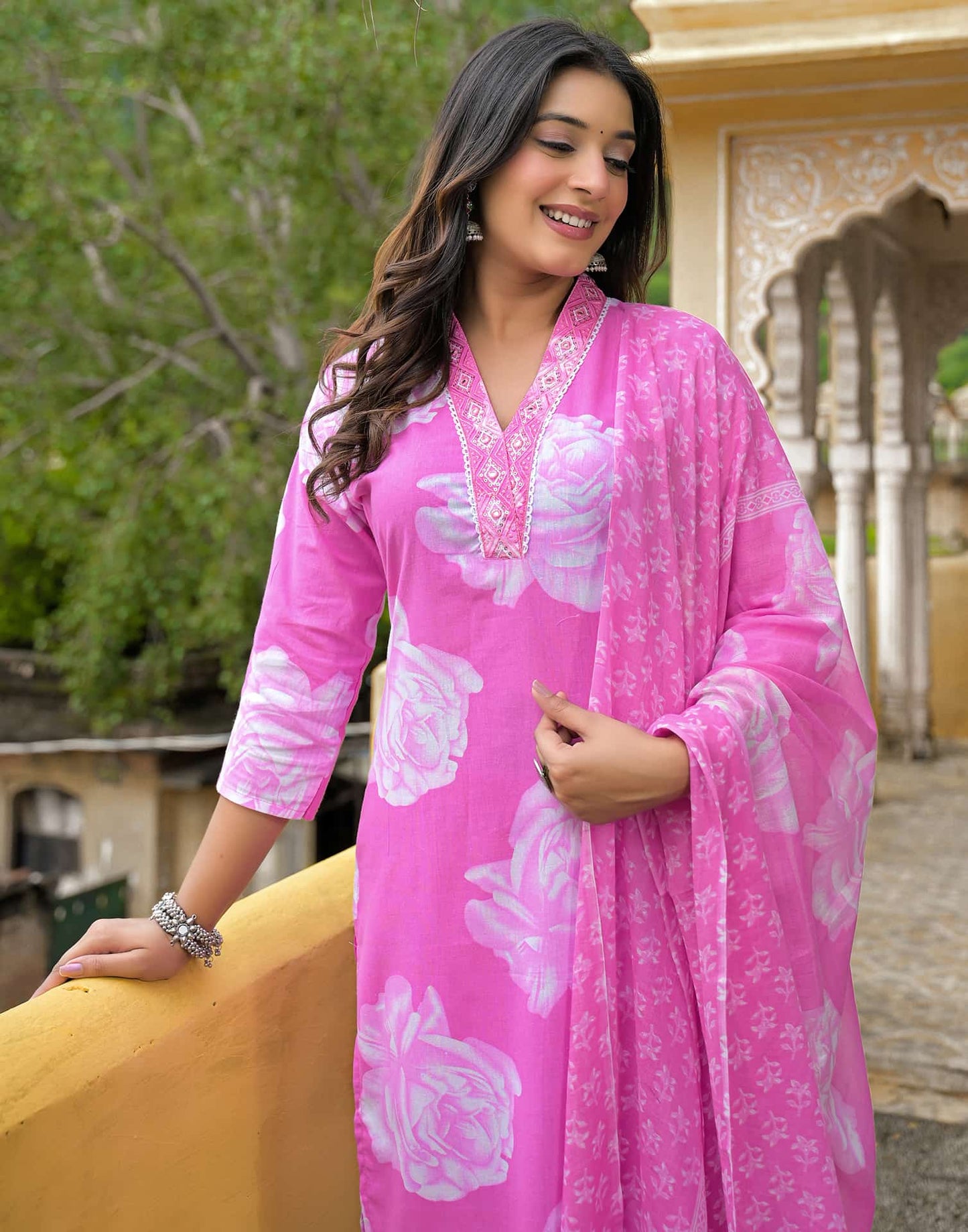 Cotton Straight Printed V-Neck Kurta with Pant & Dupatta