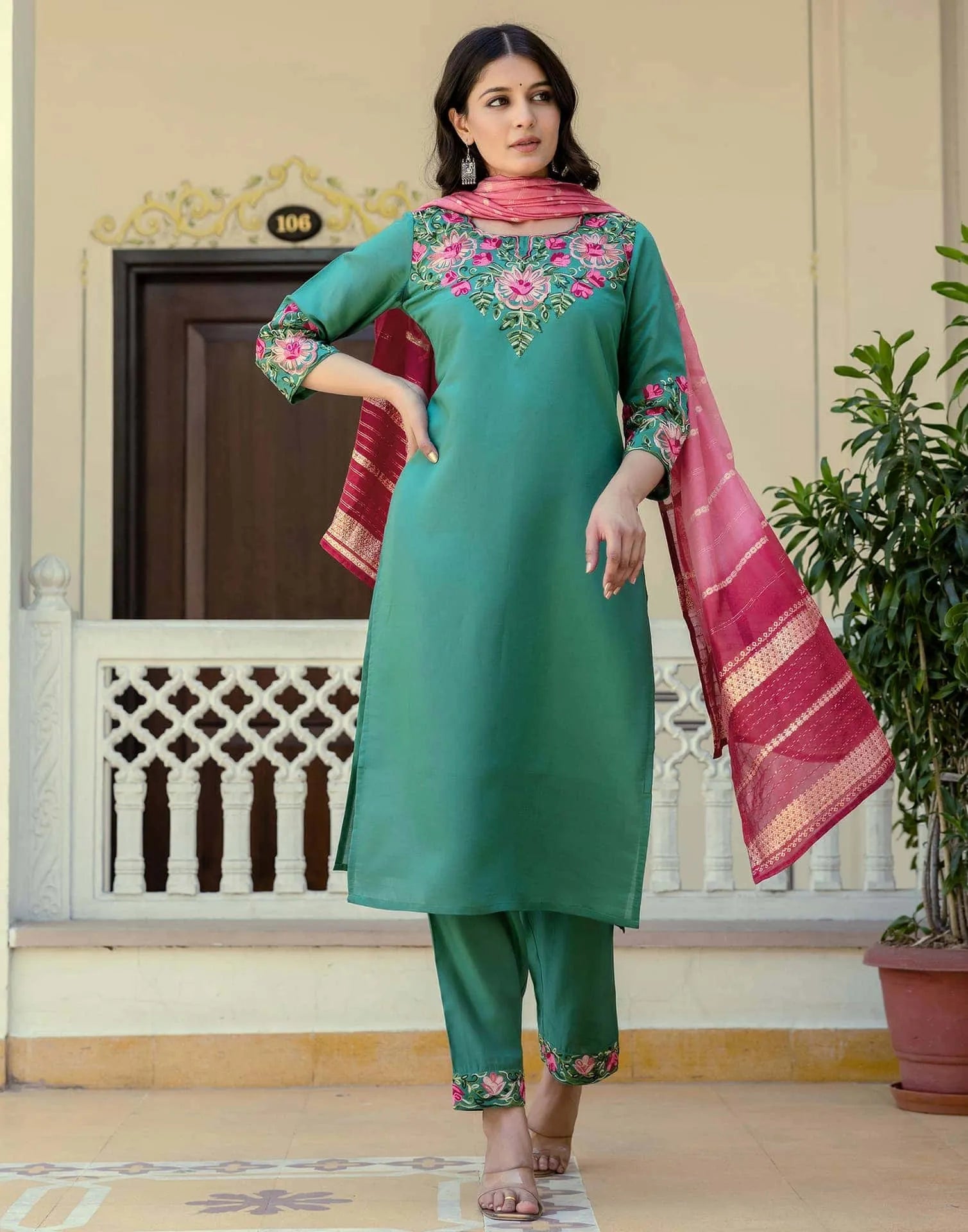Skylee Silk Blend Embroidered Straight 3 Piece Kurta Set For Woman
