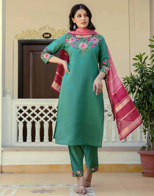 Silk Embroidery Work Straight Kurta with Pant & Dupatta