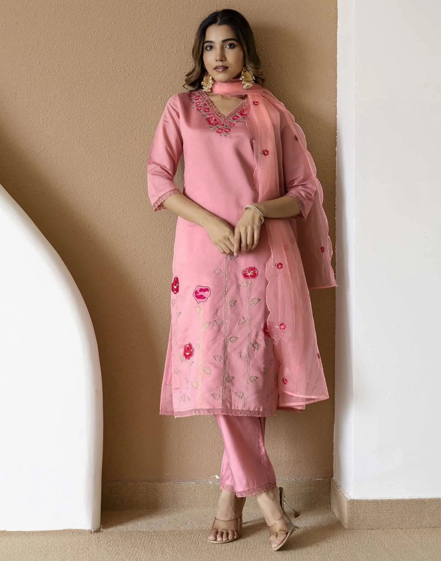 Pink Silk Blend Embroidered Straight Kurta Set for Women with Pant and Dupatta
