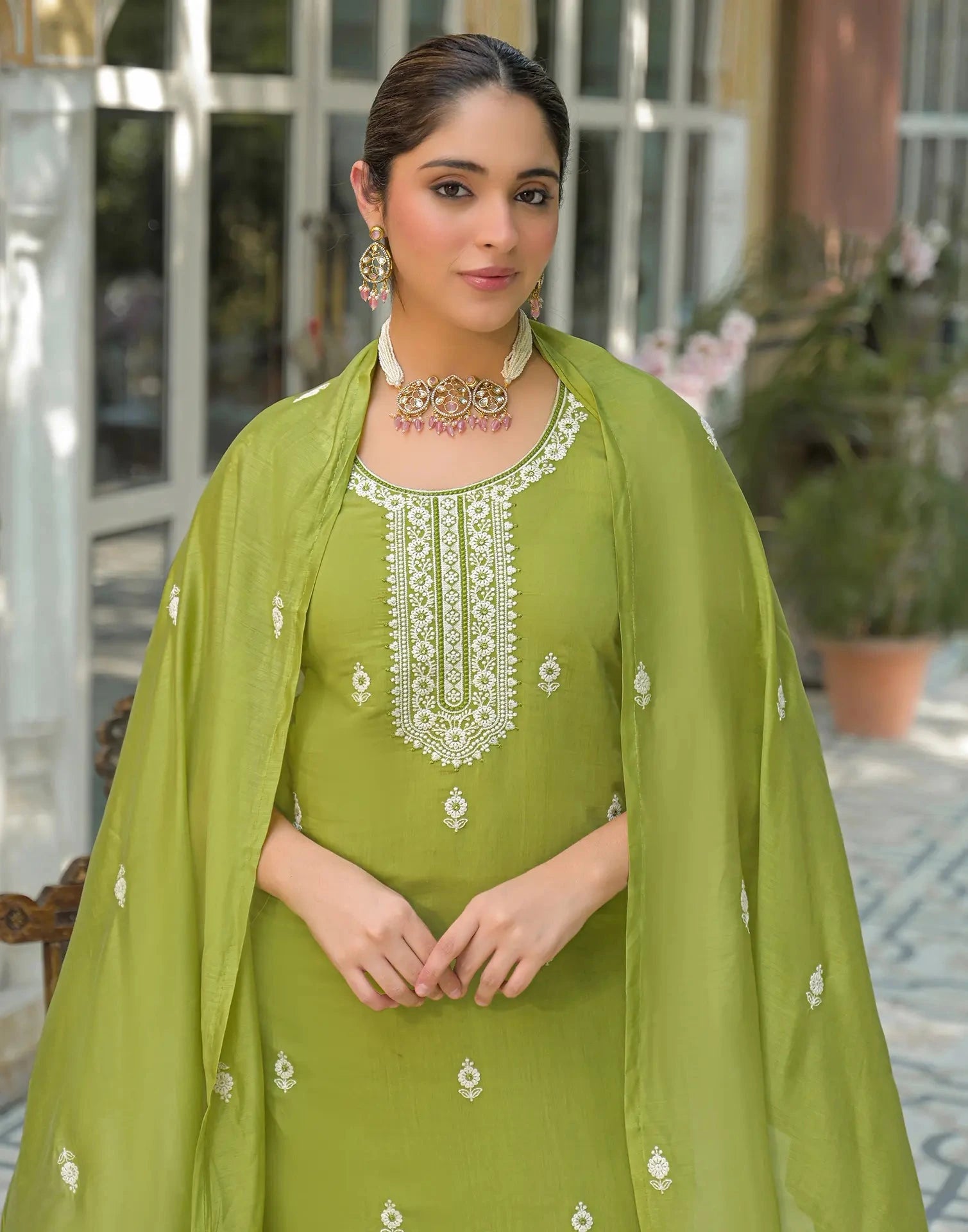 Silk Embroidered Straight Round Neck Kurta with Pant & Dupatta