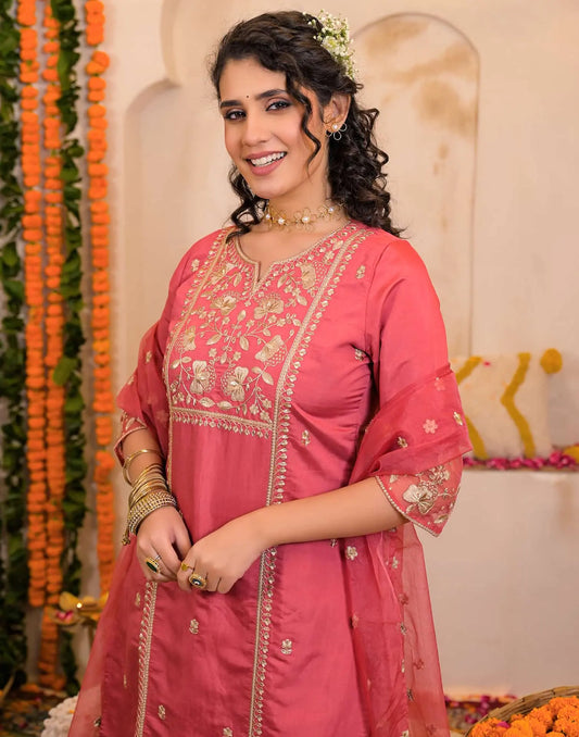 Pink Silk Embroidered Straight Kurta Set with Pant & Dupatta for Women under 1299 