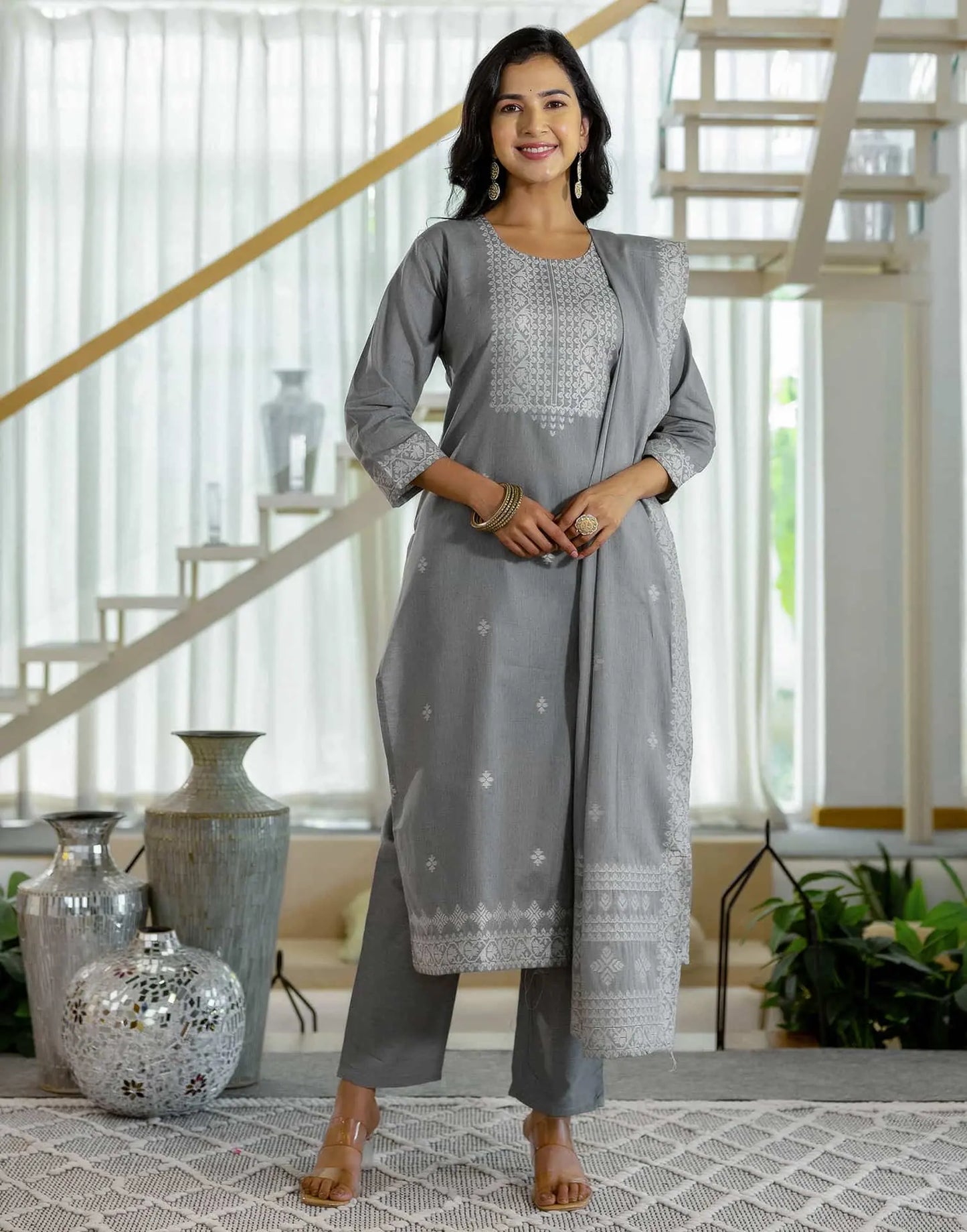 Grey Cotton Woven Straight Kurta Set with Pant & Dupatta under 1250