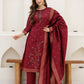 Silk Blend Straight Woven Design Round Neck Kurta with Pant & Dupatta
