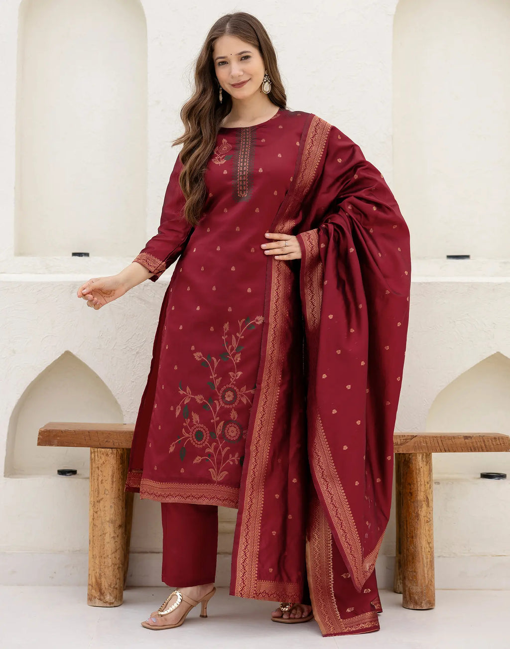Silk Blend Woven Straight 3 Piece Kurta Set