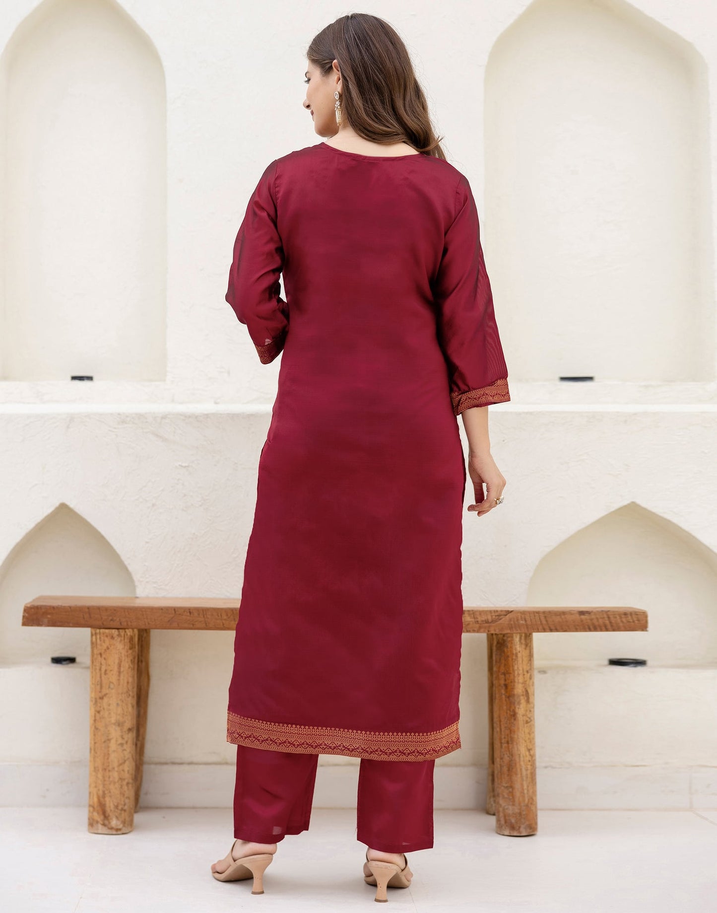Silk Blend Straight Woven Design Round Neck Kurta with Pant & Dupatta