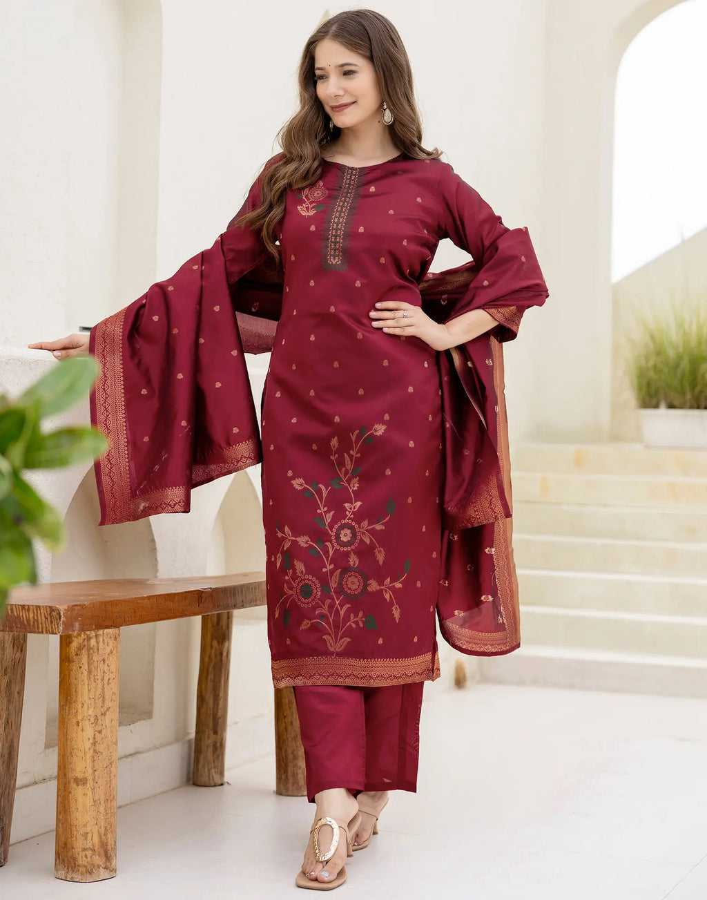Silk Blend Woven Straight 3 Piece Kurta Set