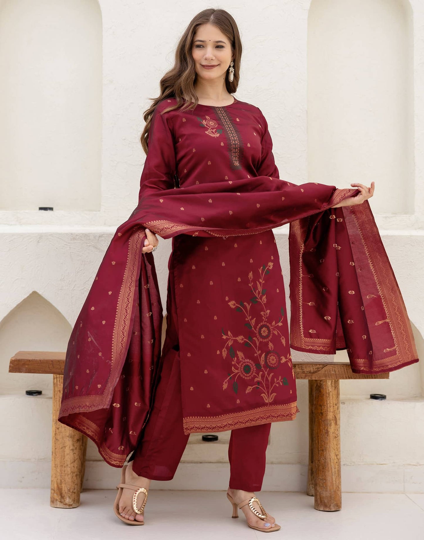Silk Blend Straight Woven Design Round Neck Kurta with Pant & Dupatta