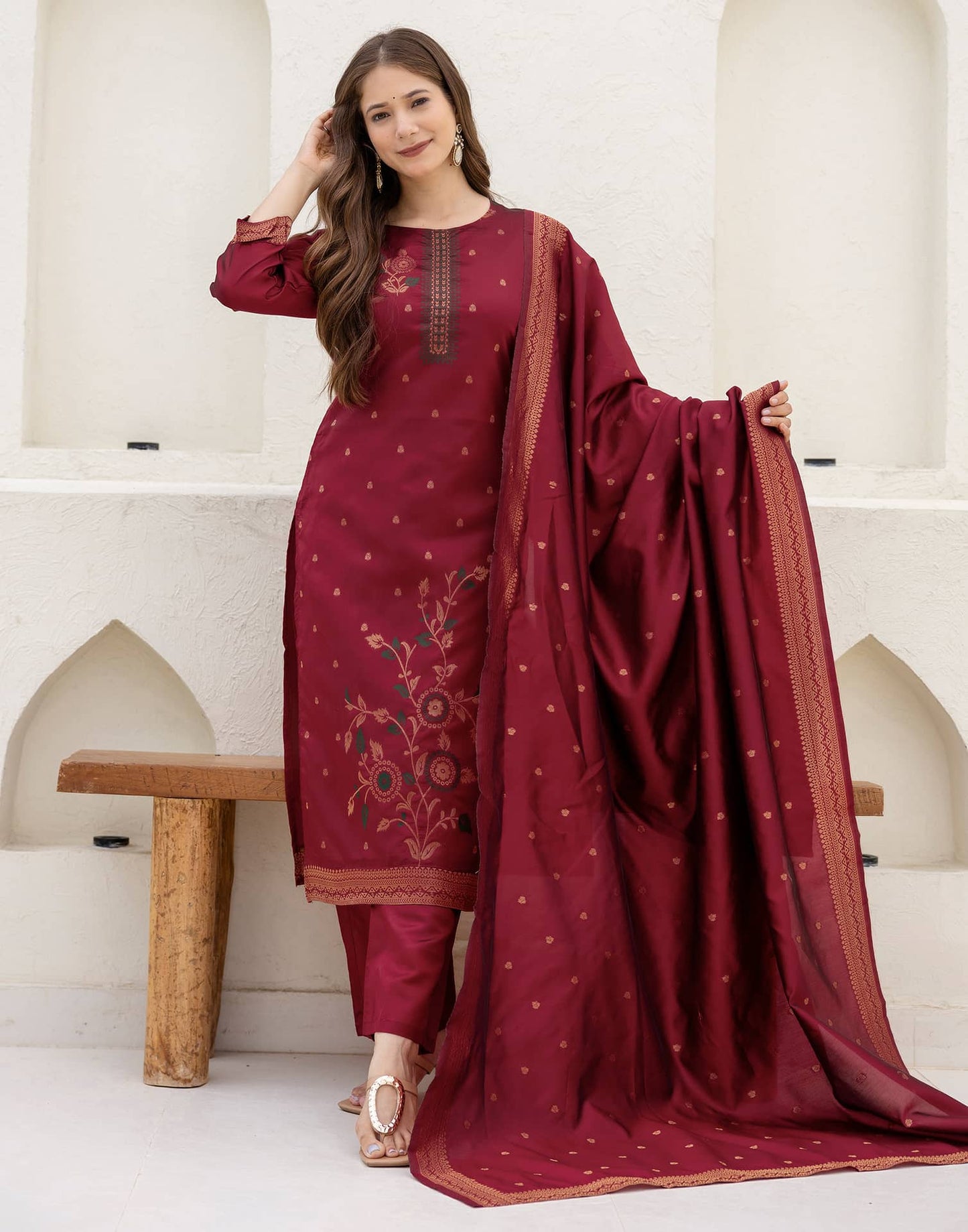 Silk Blend Straight Woven Design Round Neck Kurta with Pant & Dupatta