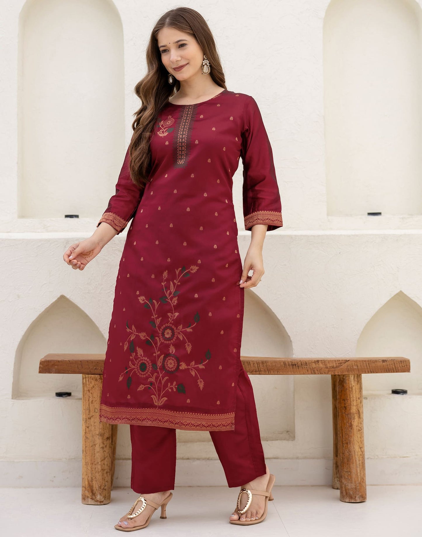 Silk Blend Straight Woven Design Round Neck Kurta with Pant & Dupatta