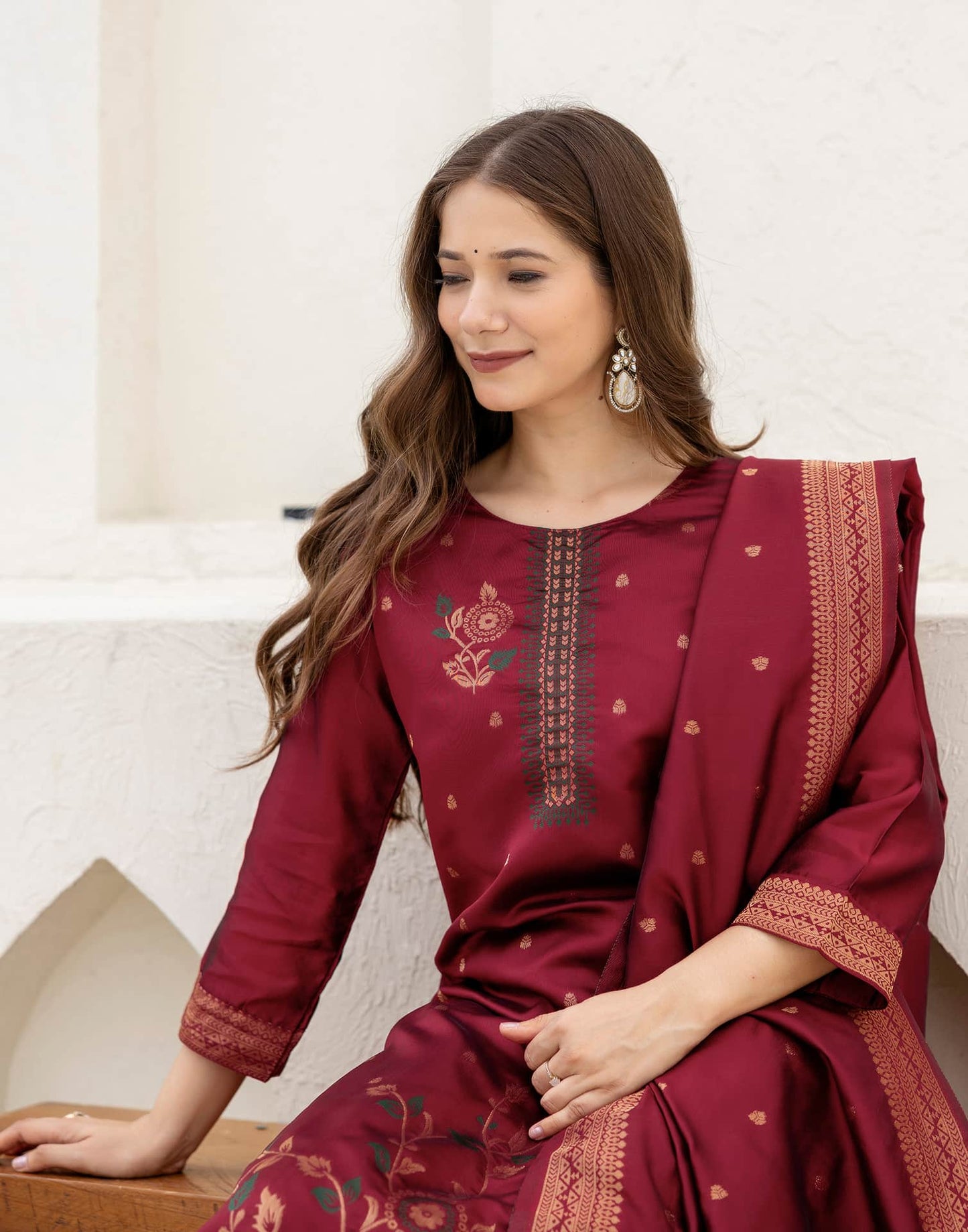 Silk Blend Straight Woven Design Round Neck Kurta with Pant & Dupatta