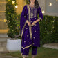 Velvet Straight Embroidered V-Neck Kurta with Pant & Dupatta