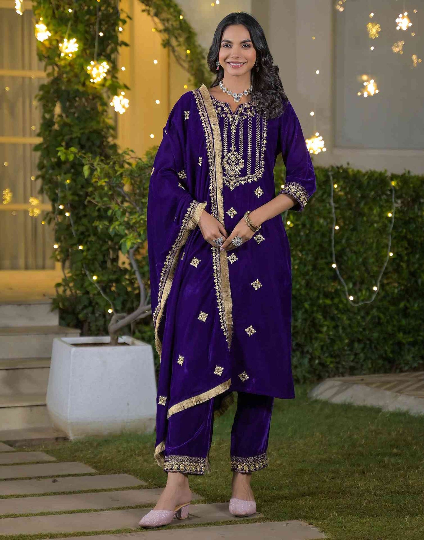 Velvet Straight Embroidered V-Neck Kurta with Pant & Dupatta