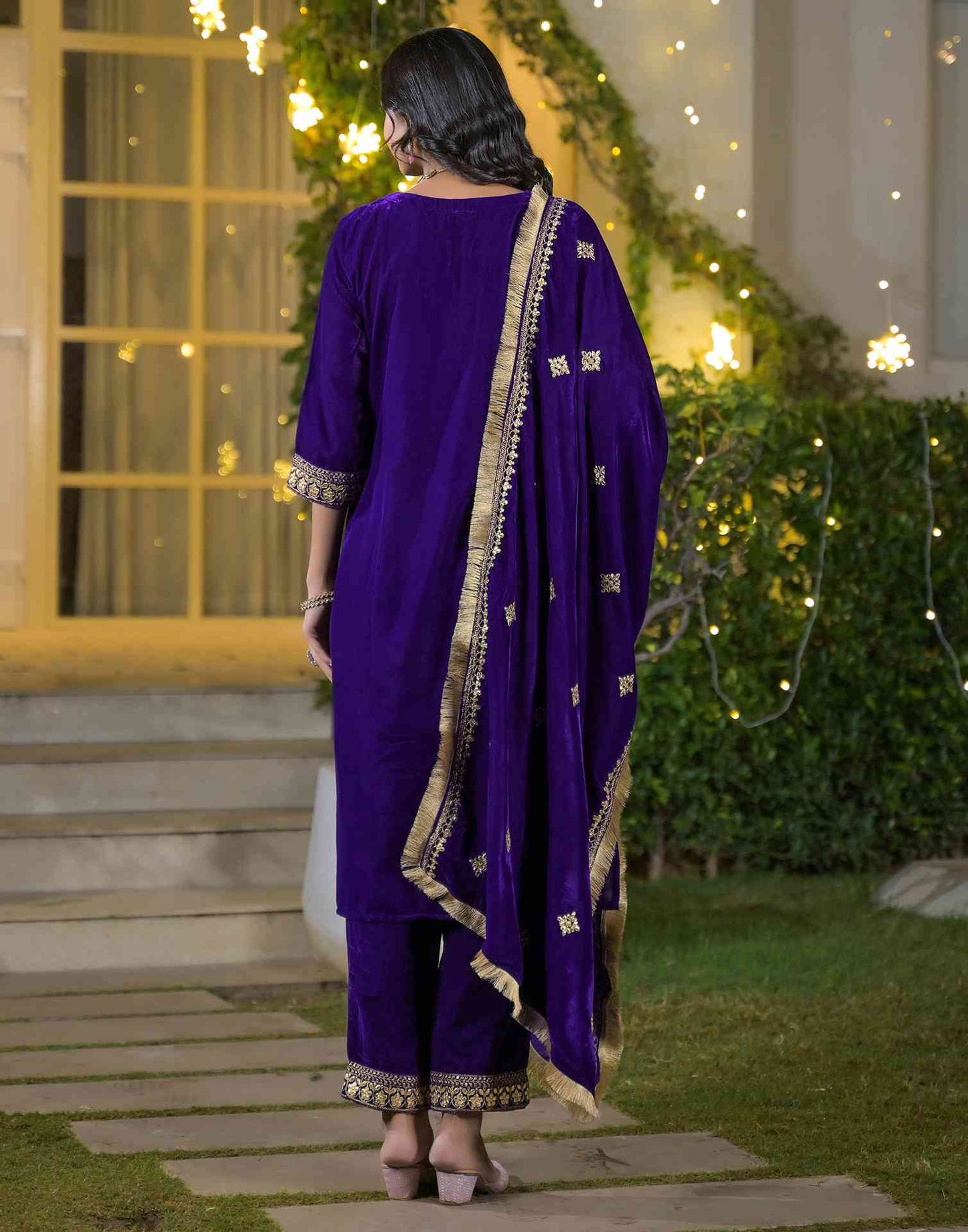 Velvet Straight Embroidered V-Neck Kurta with Pant & Dupatta