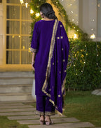 Velvet Embroidered Straight 3 Piece Kurta Set