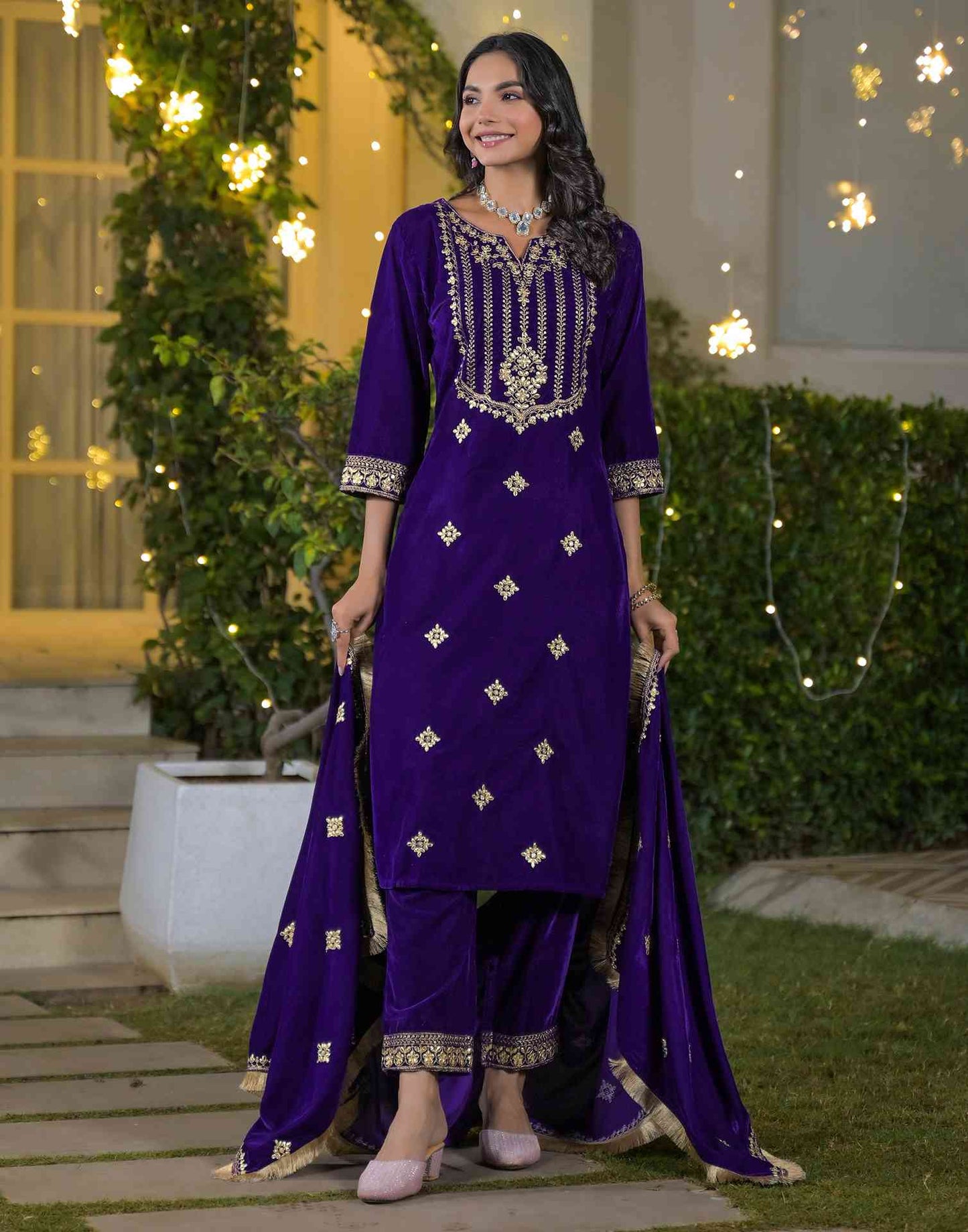 Velvet Straight Embroidered V-Neck Kurta with Pant & Dupatta