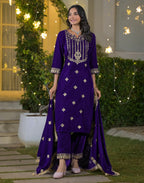 Velvet Embroidered Straight 3 Piece Kurta Set