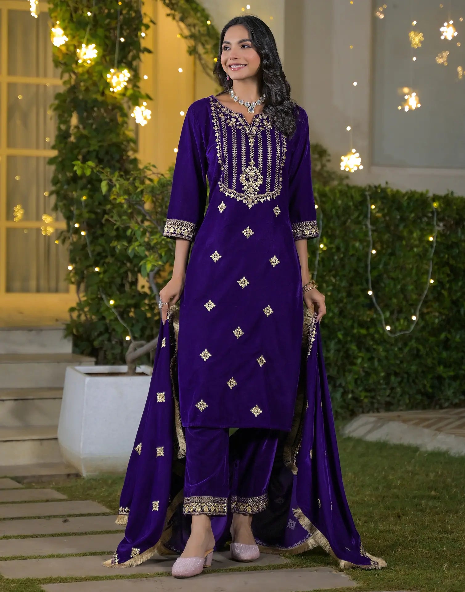 Velvet Embroidered Straight 3 Piece Kurta Set