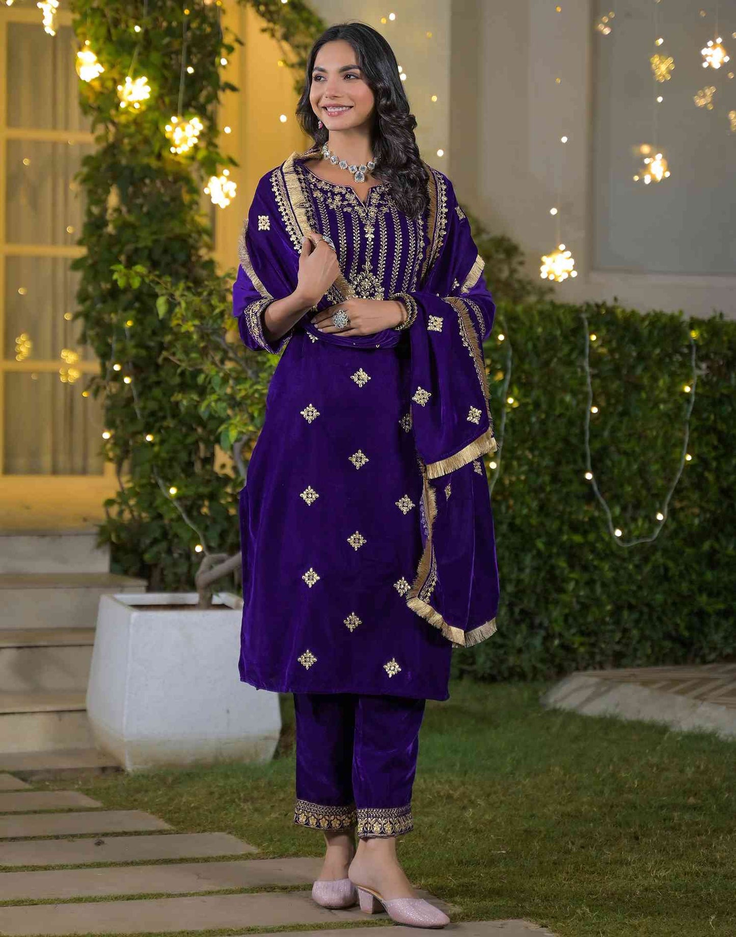 Velvet Straight Embroidered V-Neck Kurta with Pant & Dupatta