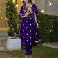 Velvet Straight Embroidered V-Neck Kurta with Pant & Dupatta