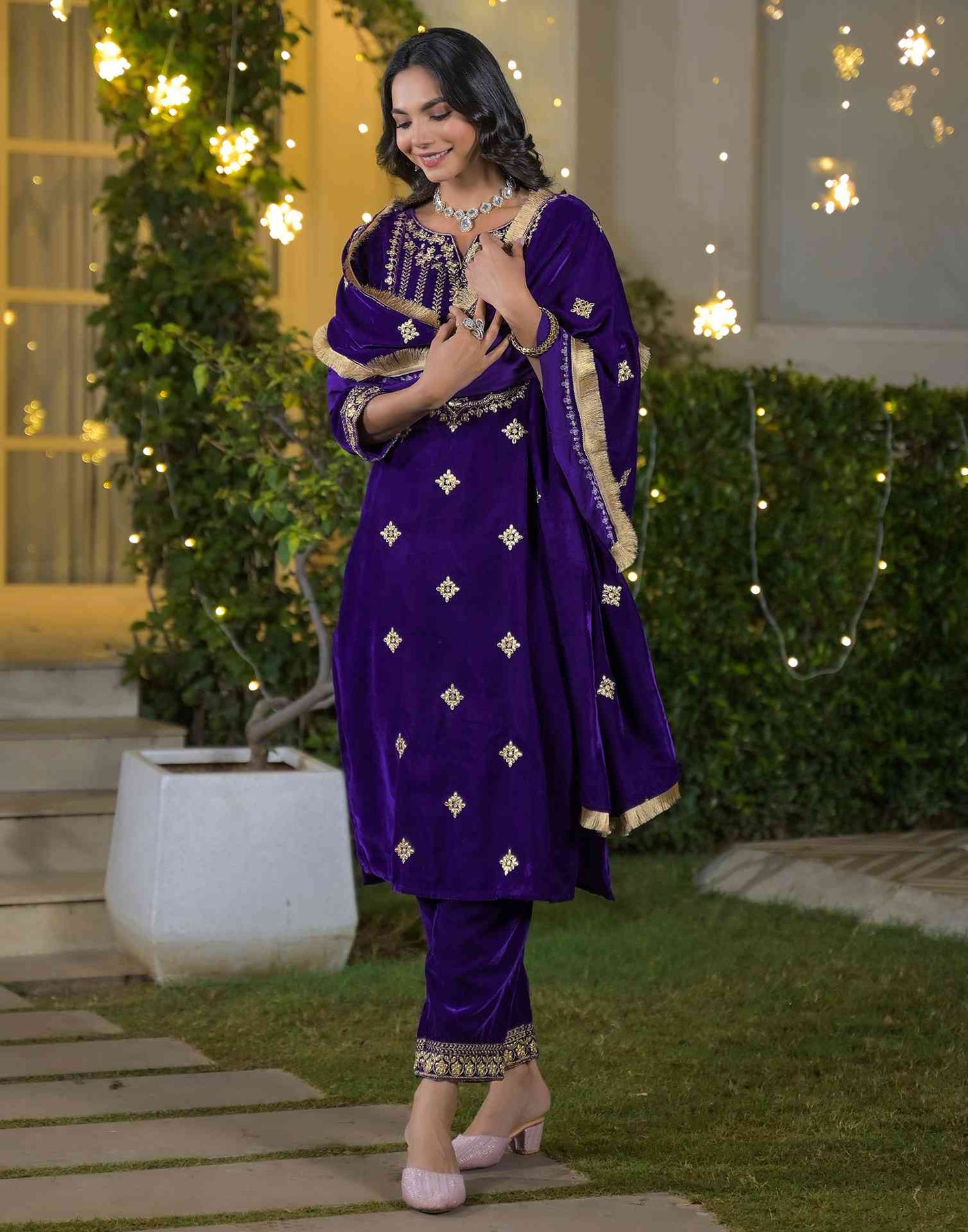 Velvet Straight Embroidered V-Neck Kurta with Pant & Dupatta