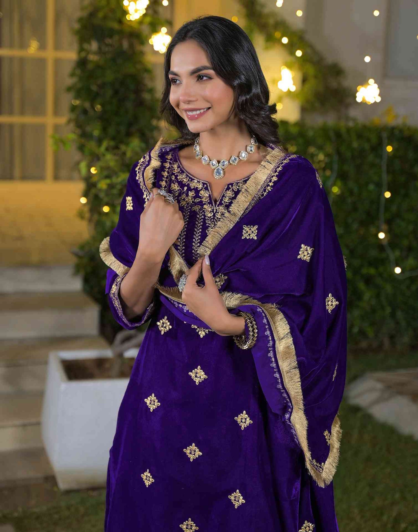 Velvet Straight Embroidered V-Neck Kurta with Pant & Dupatta