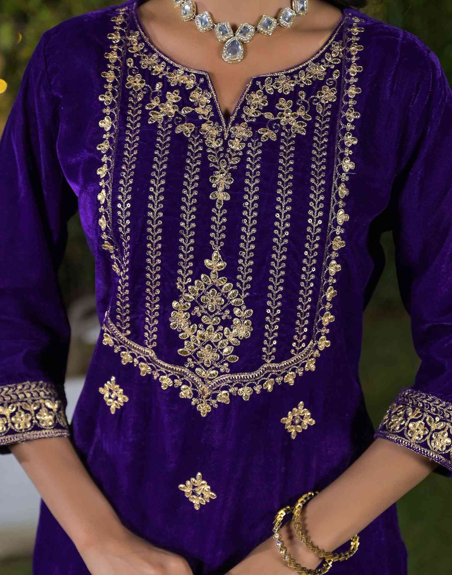 Velvet Straight Embroidered V-Neck Kurta with Pant & Dupatta