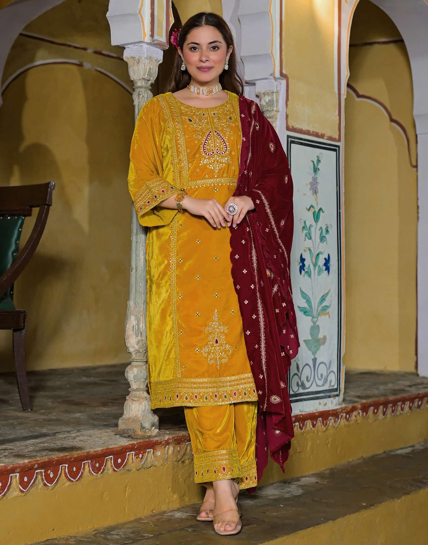 Velvet Straight Embroidery Round Neck Kurta with Pant & Dupatta