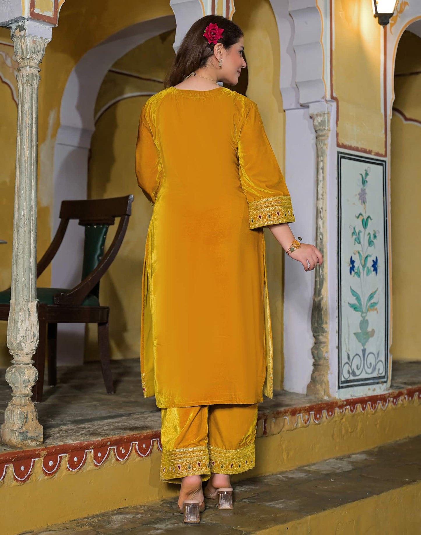 Velvet Straight Embroidery Round Neck Kurta with Pant & Dupatta