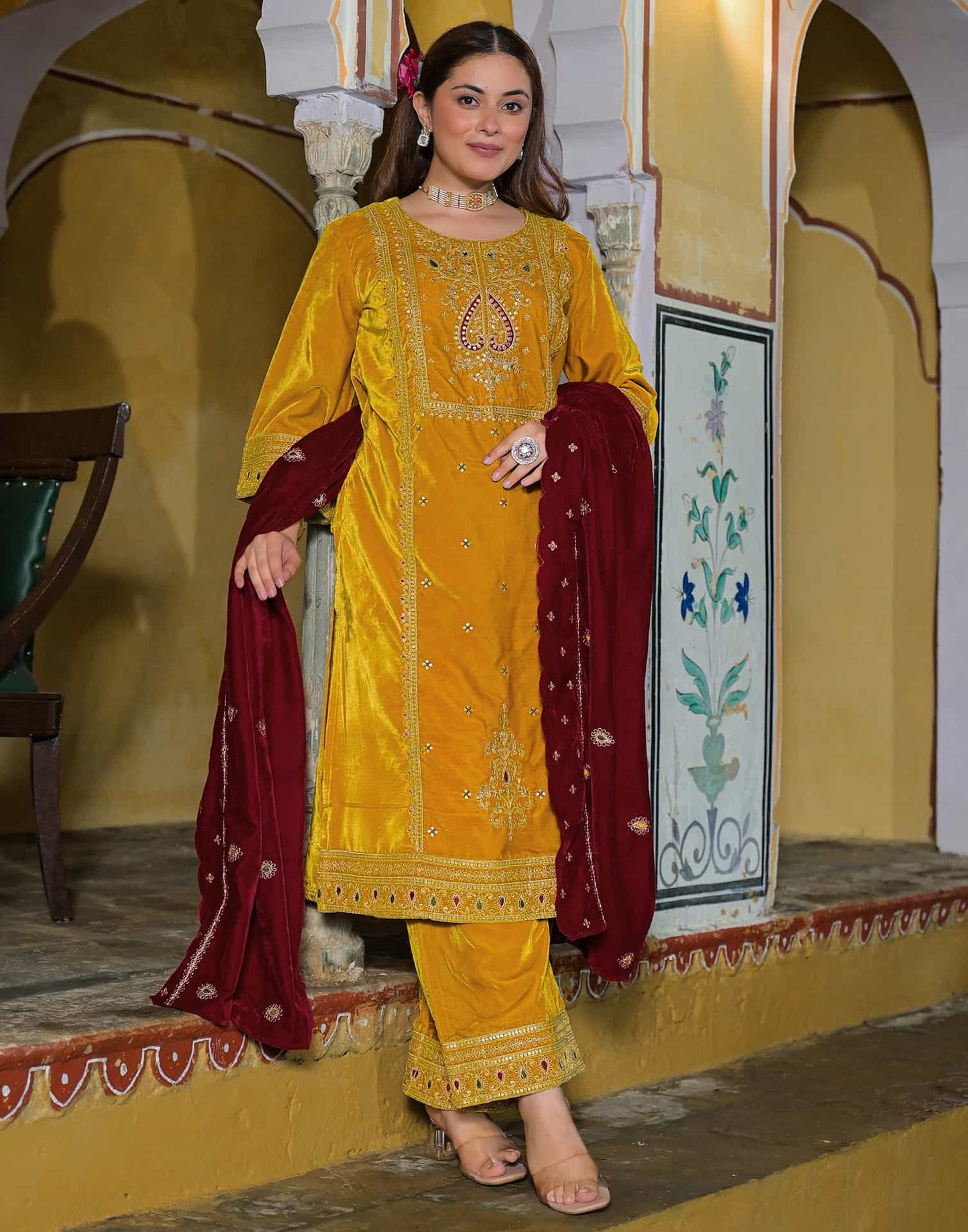 Velvet Straight Embroidery Round Neck Kurta with Pant & Dupatta