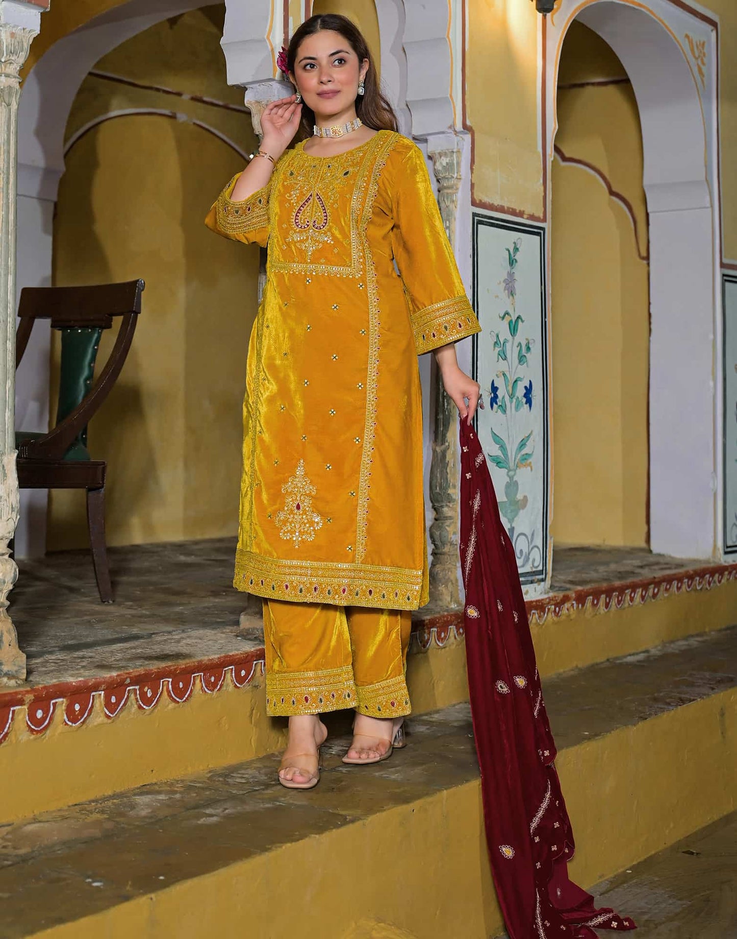 Velvet Straight Embroidery Round Neck Kurta with Pant & Dupatta