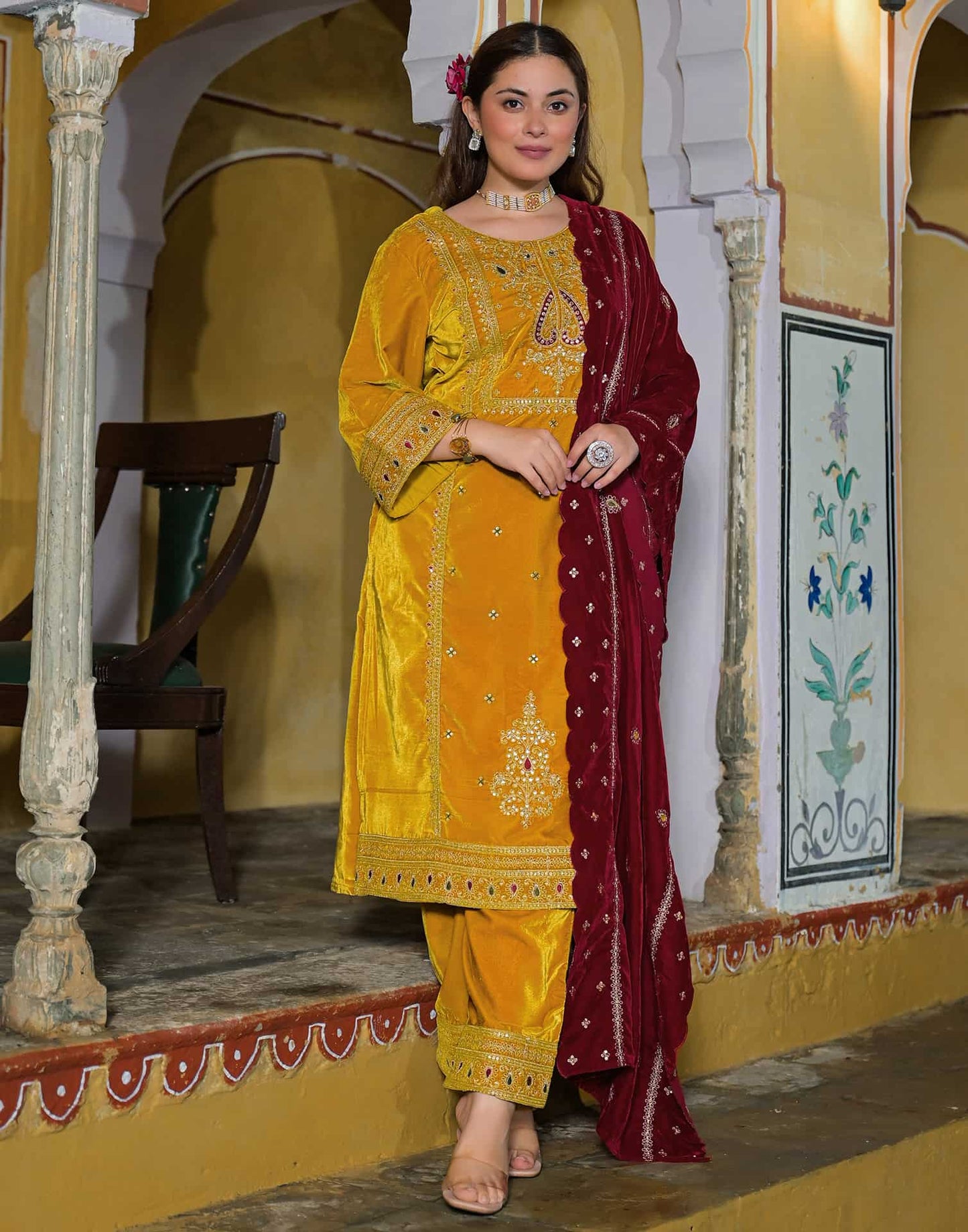 Velvet Straight Embroidery Round Neck Kurta with Pant & Dupatta