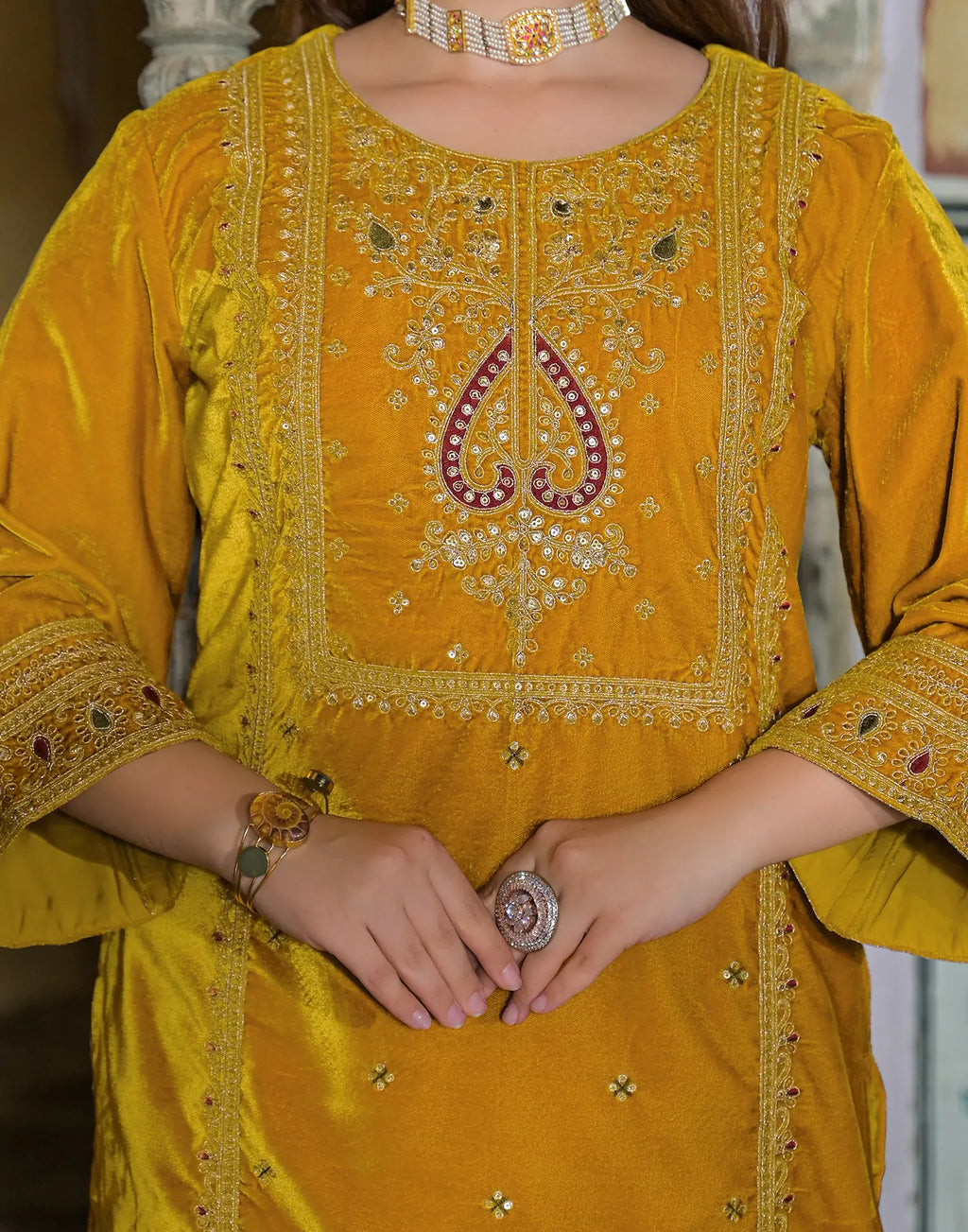 Velvet Embroidered Straight 3 Piece Kurta Set