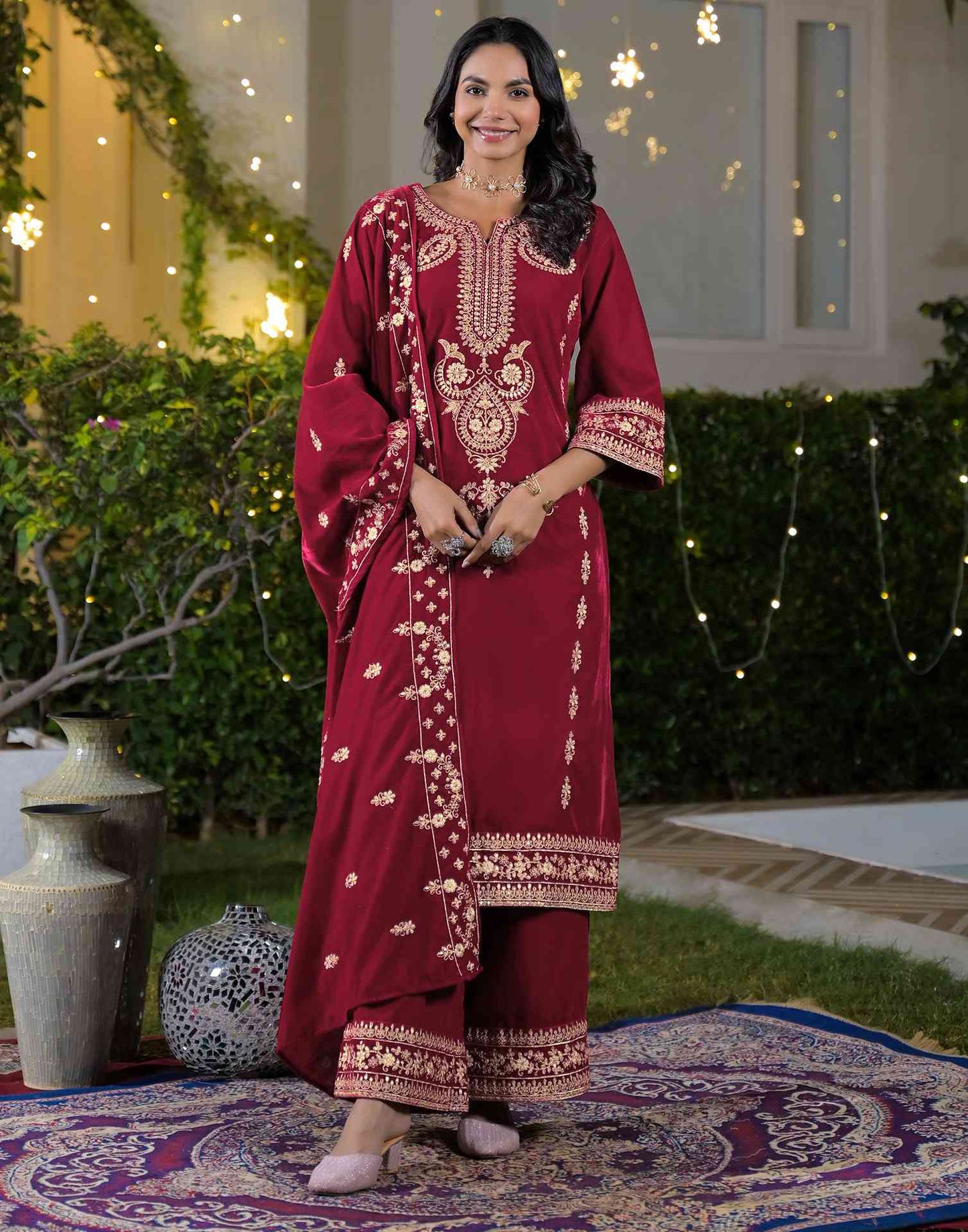 Velvet Straight Embroidered V-Neck Kurta with Pant & Dupatta