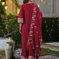 Velvet Straight Embroidered V-Neck Kurta with Pant & Dupatta