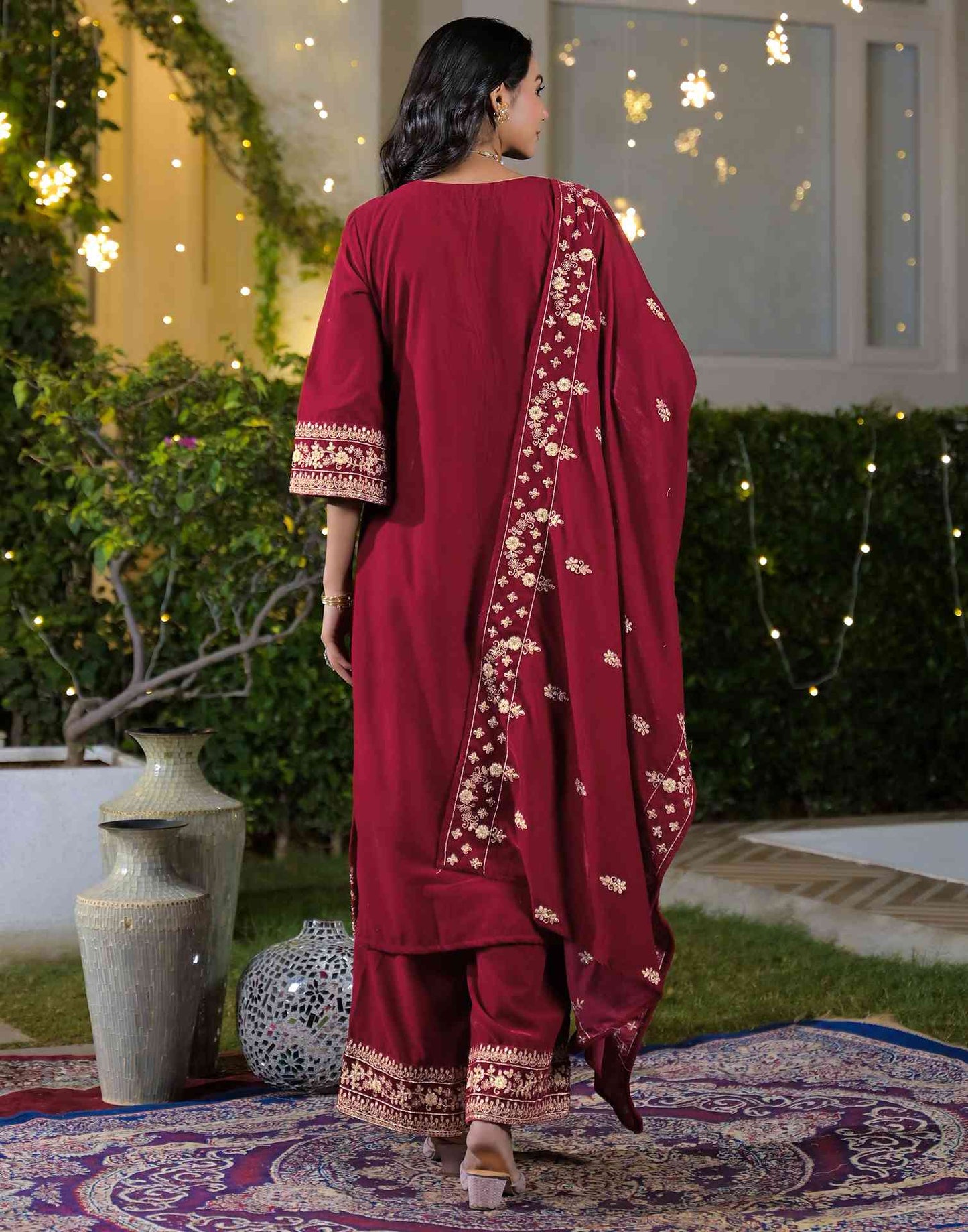 Velvet Straight Embroidered V-Neck Kurta with Pant & Dupatta