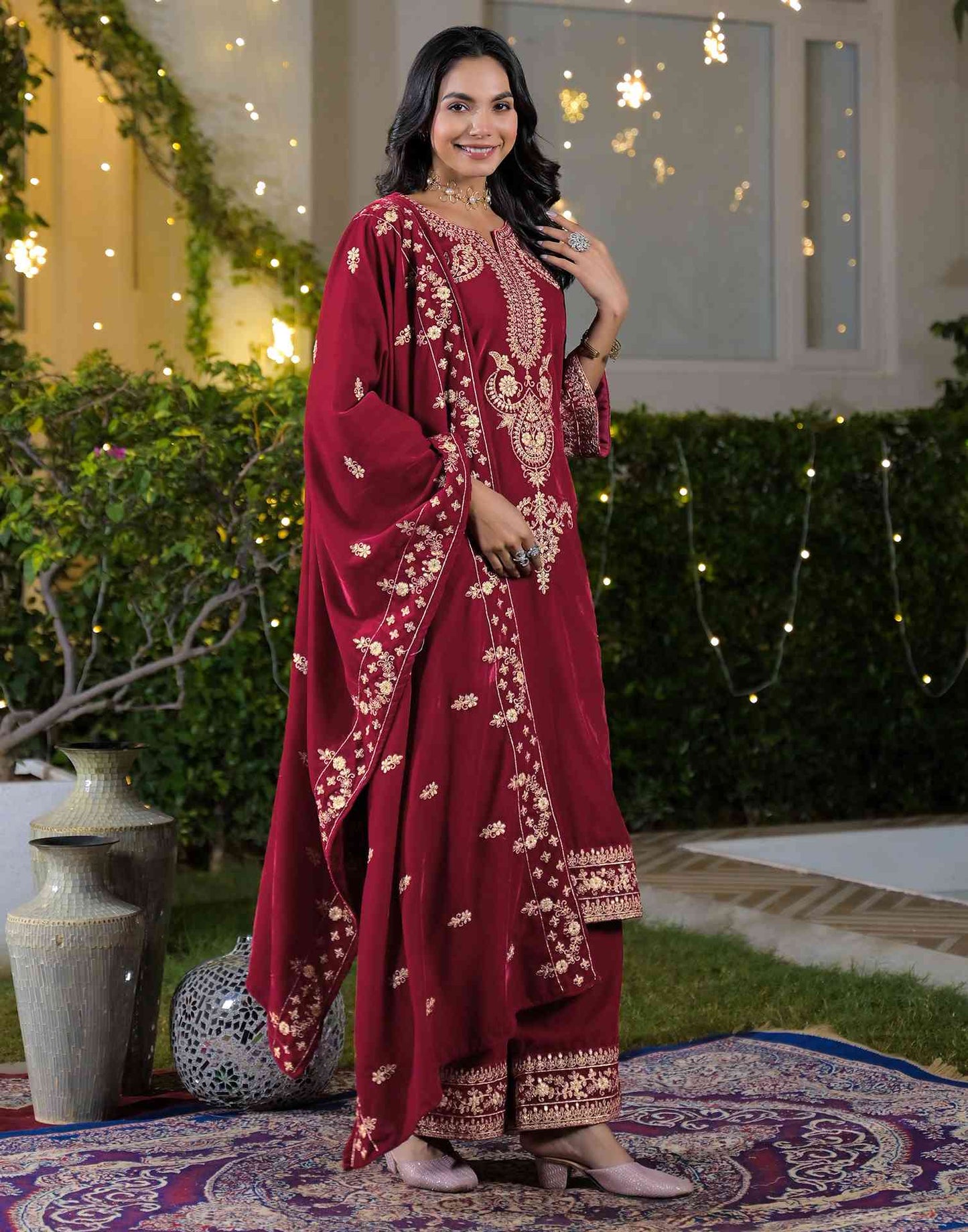 Velvet Straight Embroidered V-Neck Kurta with Pant & Dupatta