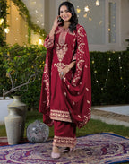 Velvet Embroidered Straight 3 Piece Kurta Set