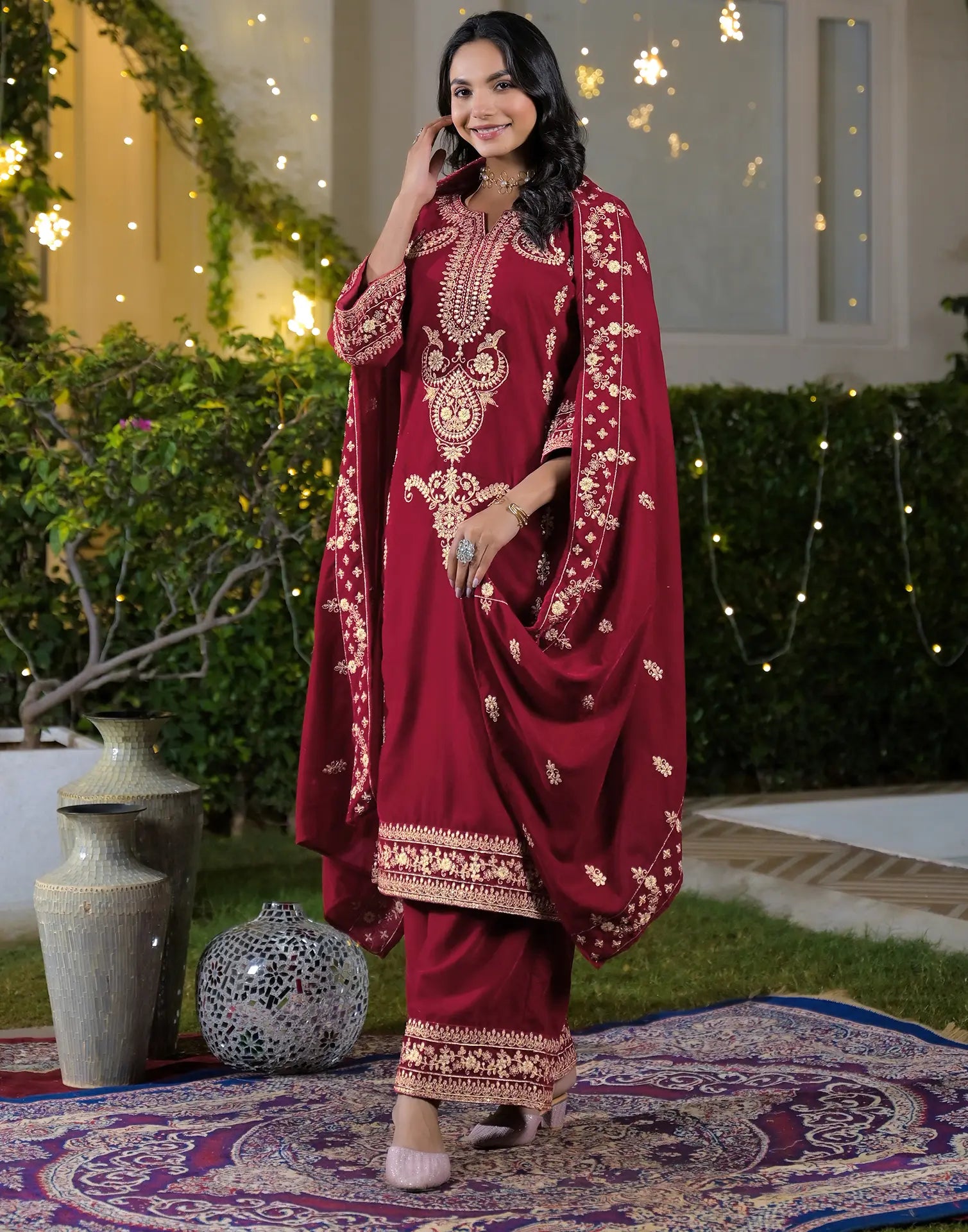 Velvet Embroidered Straight 3 Piece Kurta Set