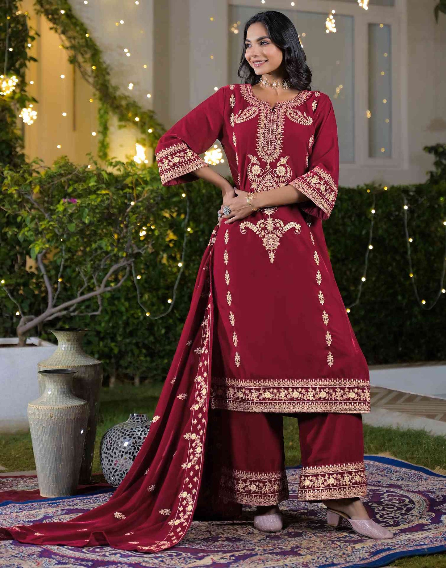 Velvet Straight Embroidered V-Neck Kurta with Pant & Dupatta
