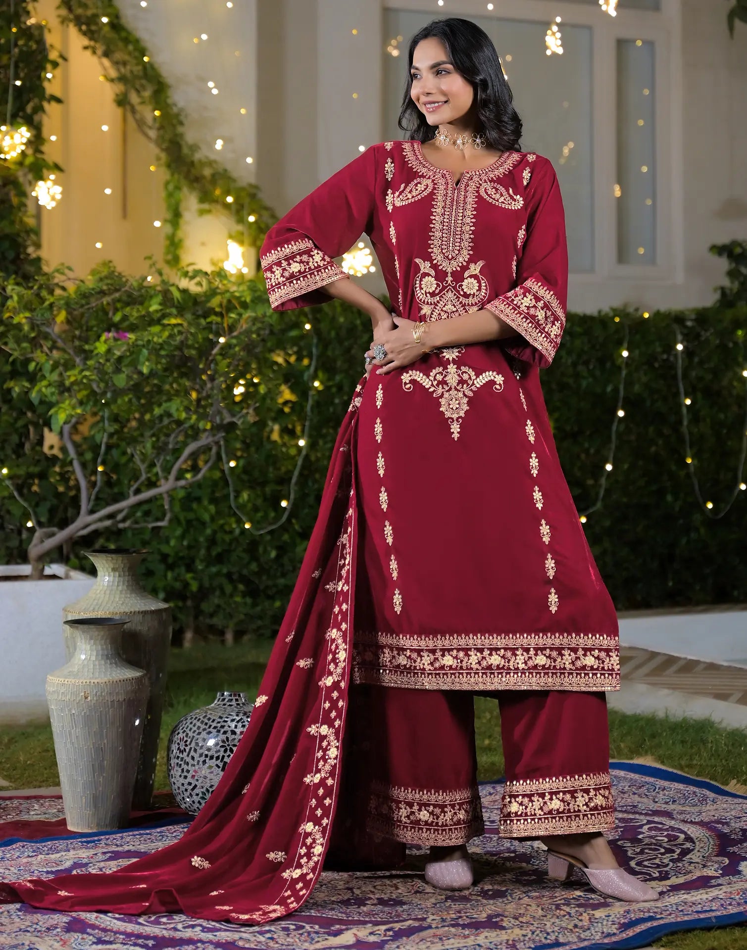 Velvet Embroidered Straight 3 Piece Kurta Set